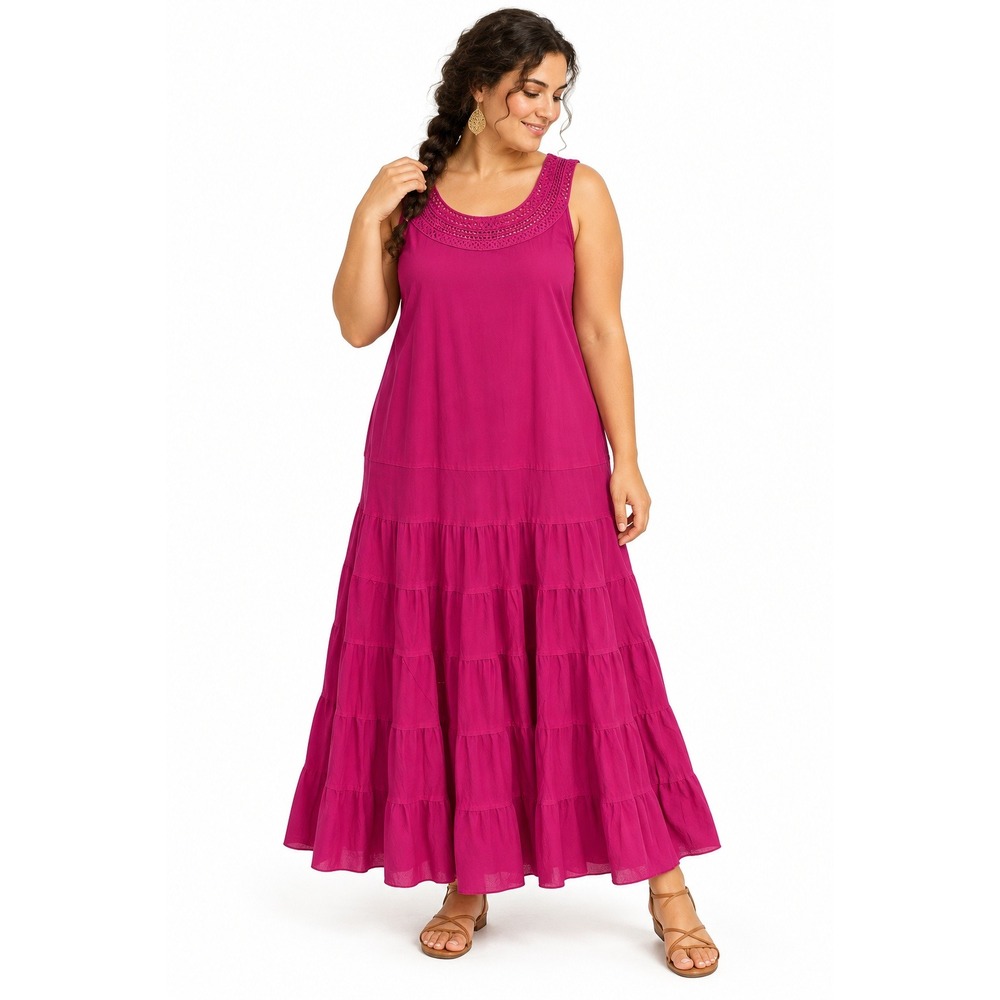 Fuchsia Crochet Neck Tiered Maxi Dress 16 Cotton Boho Resortwear Wedding Guest